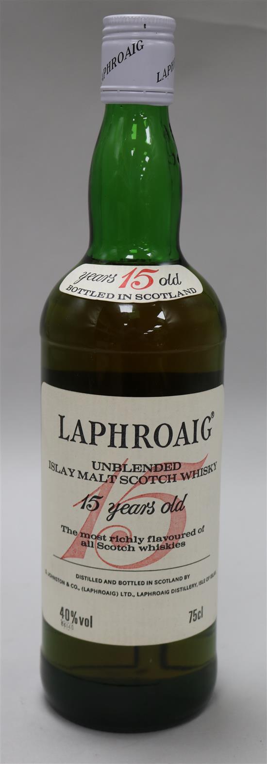 One bottle of Laphroaig unblended 15 year old Islay malt whisky